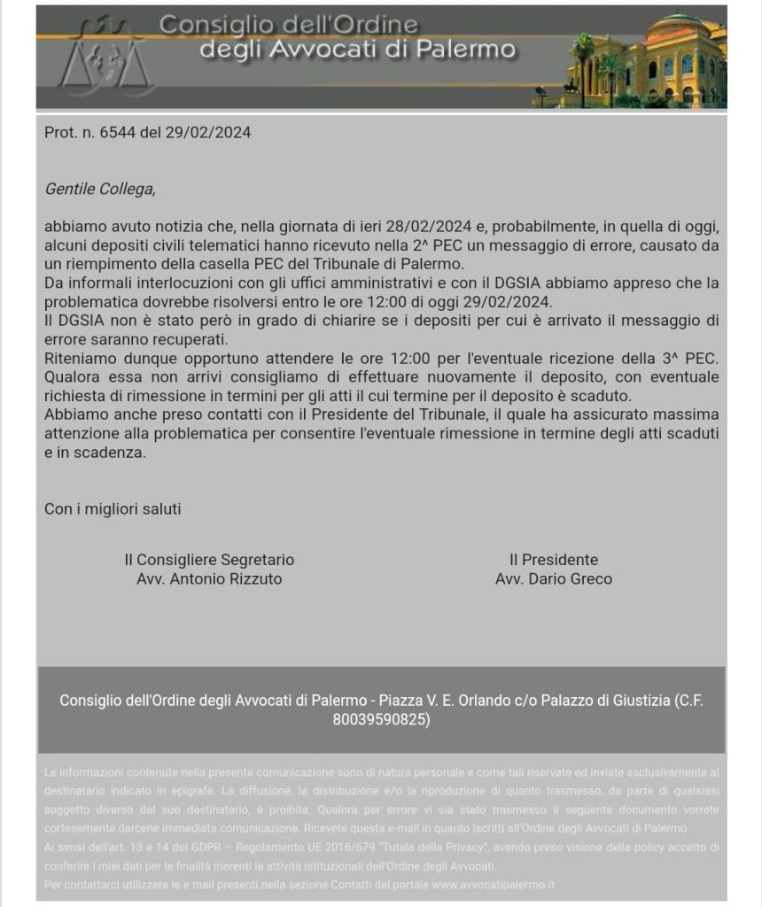 Testo mail errori depositi telematici